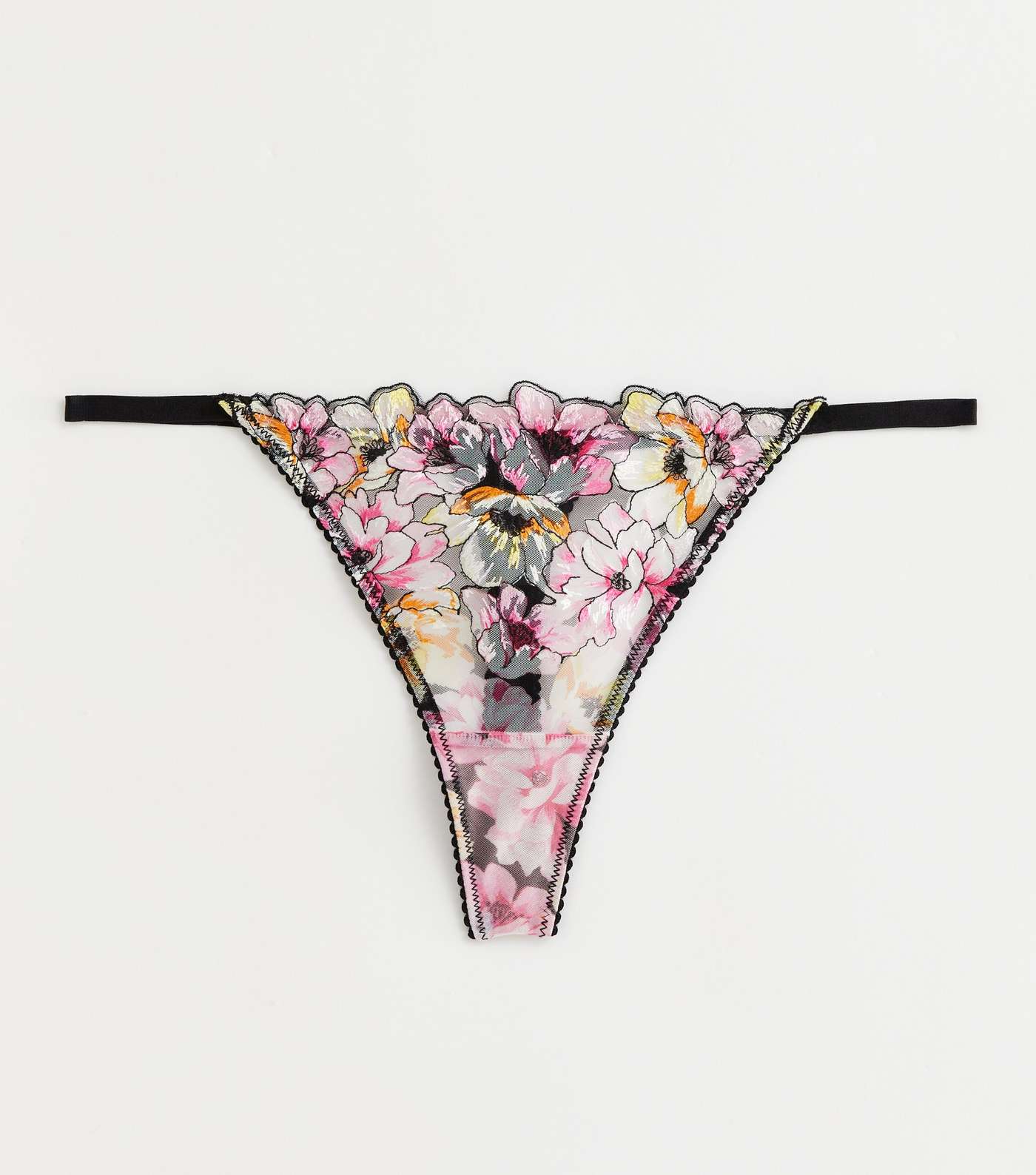 Black Floral Print Embroidered Thong Image 5