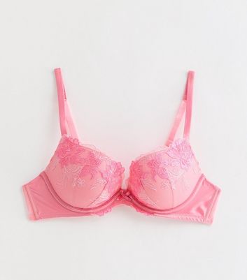 Pink Floral Embroidered Push Up Bra New Look