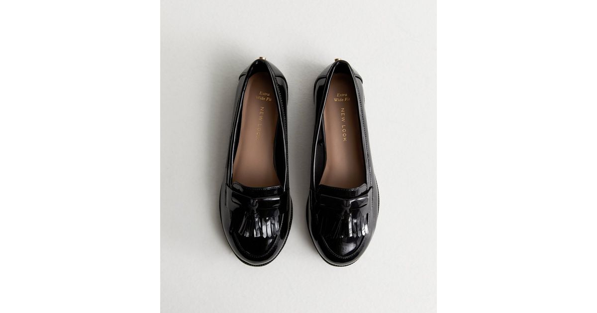 Extra Wide Fit Black Patent Tassel Trim Loafers New Look