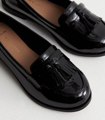 Extra Wide Fit Black Patent Tassel Trim Loafers New Look