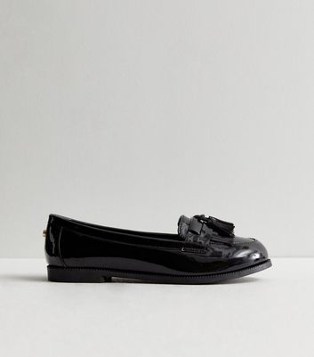 Extra Wide Fit Black Patent Tassel Trim Loafers New Look