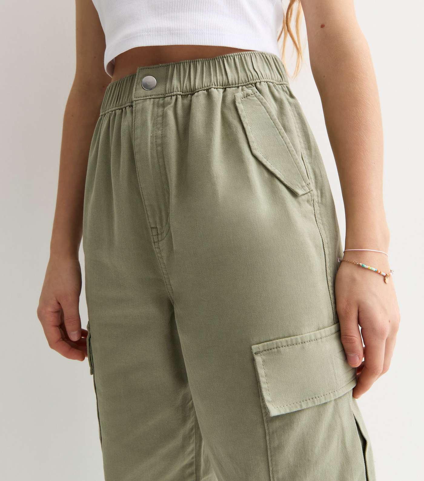Girls Khaki Wide Leg Cotton Cargo Trousers Image 3