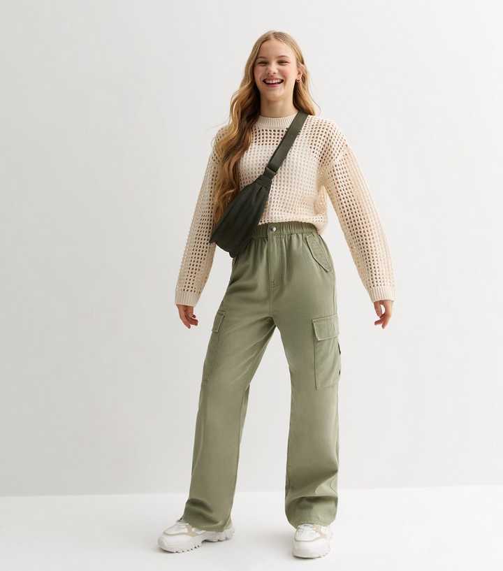 Girls Khaki Wide Leg Cargo Trousers