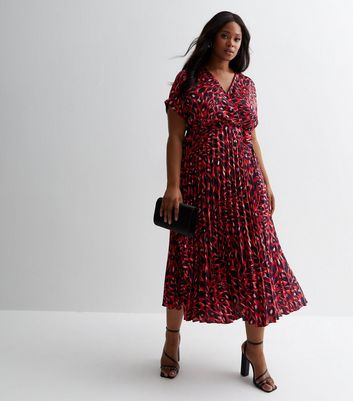 Curves Red Leopard Print Pleated Midi Wrap Dress New Look