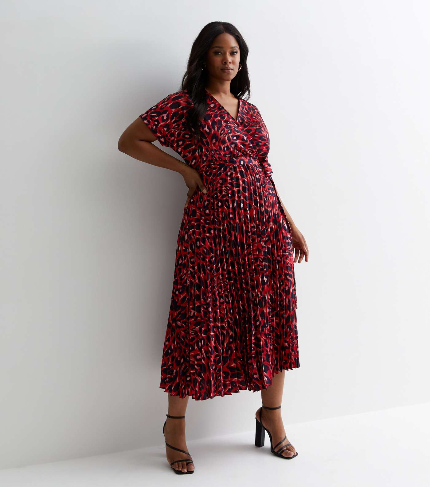 Curves Red Leopard Print Pleated Midi Wrap Dress Image 2