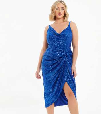 QUIZ Curves Bright Blue Sequin Ruched Midi Dress