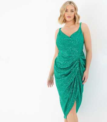 QUIZ Curves Green Sequin Strappy Ruched Mini Dress