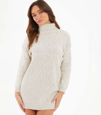 QUIZ Stone Cable Knit Roll Neck Mini Dress New Look
