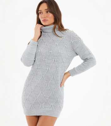 QUIZ Grey Cable Knit Roll Neck Mini Dress