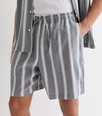 Men's Dark Grey Stripe Linen Blend Relaxed Fit Shorts New Look
