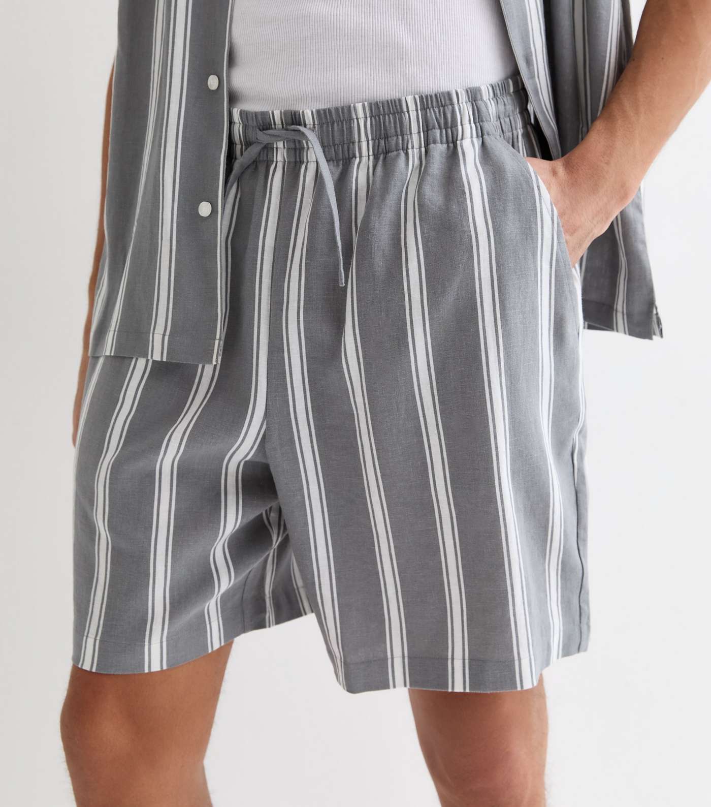Dark Grey Stripe Relaxed Fit Linen Blend Shorts Image 2