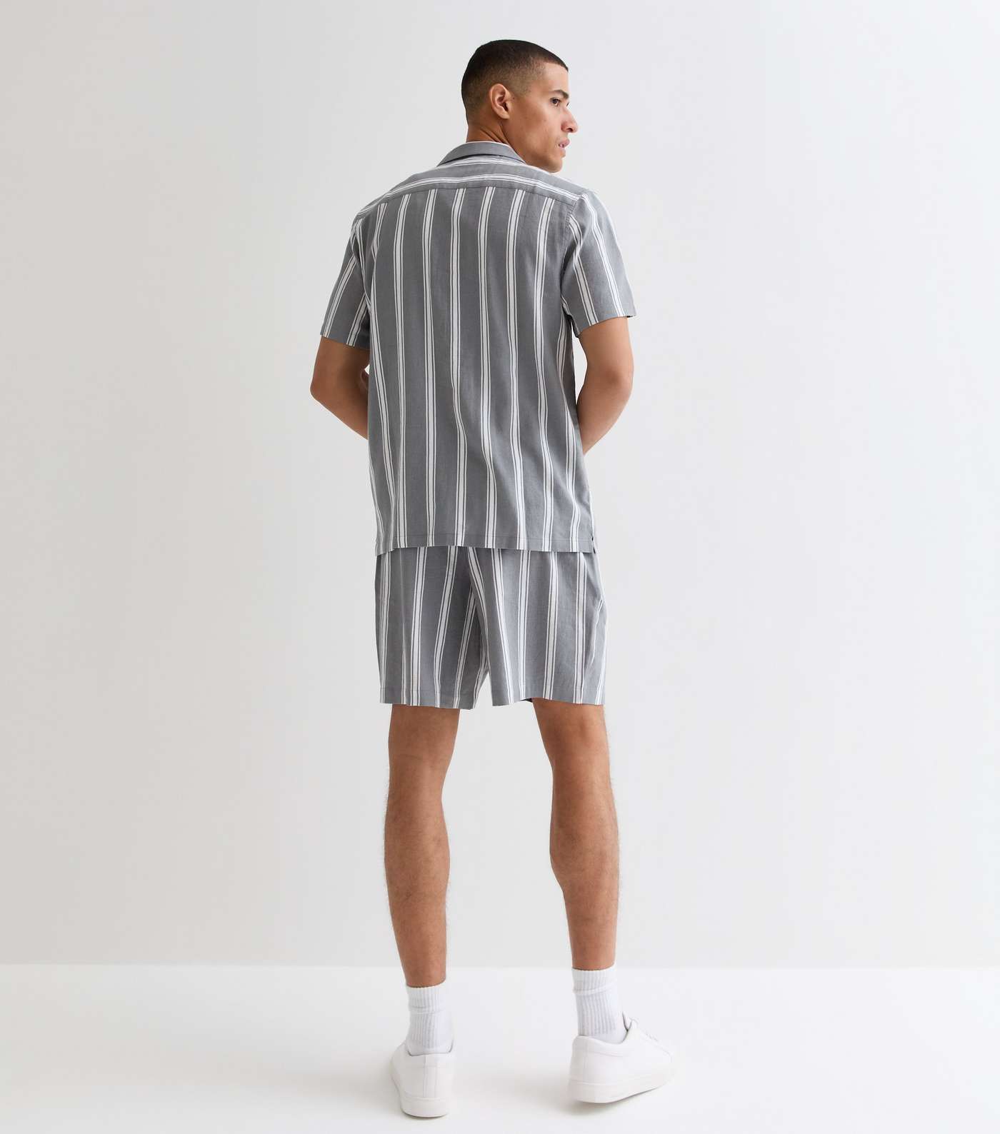 Dark Grey Stripe Relaxed Fit Linen Blend Shorts Image 4