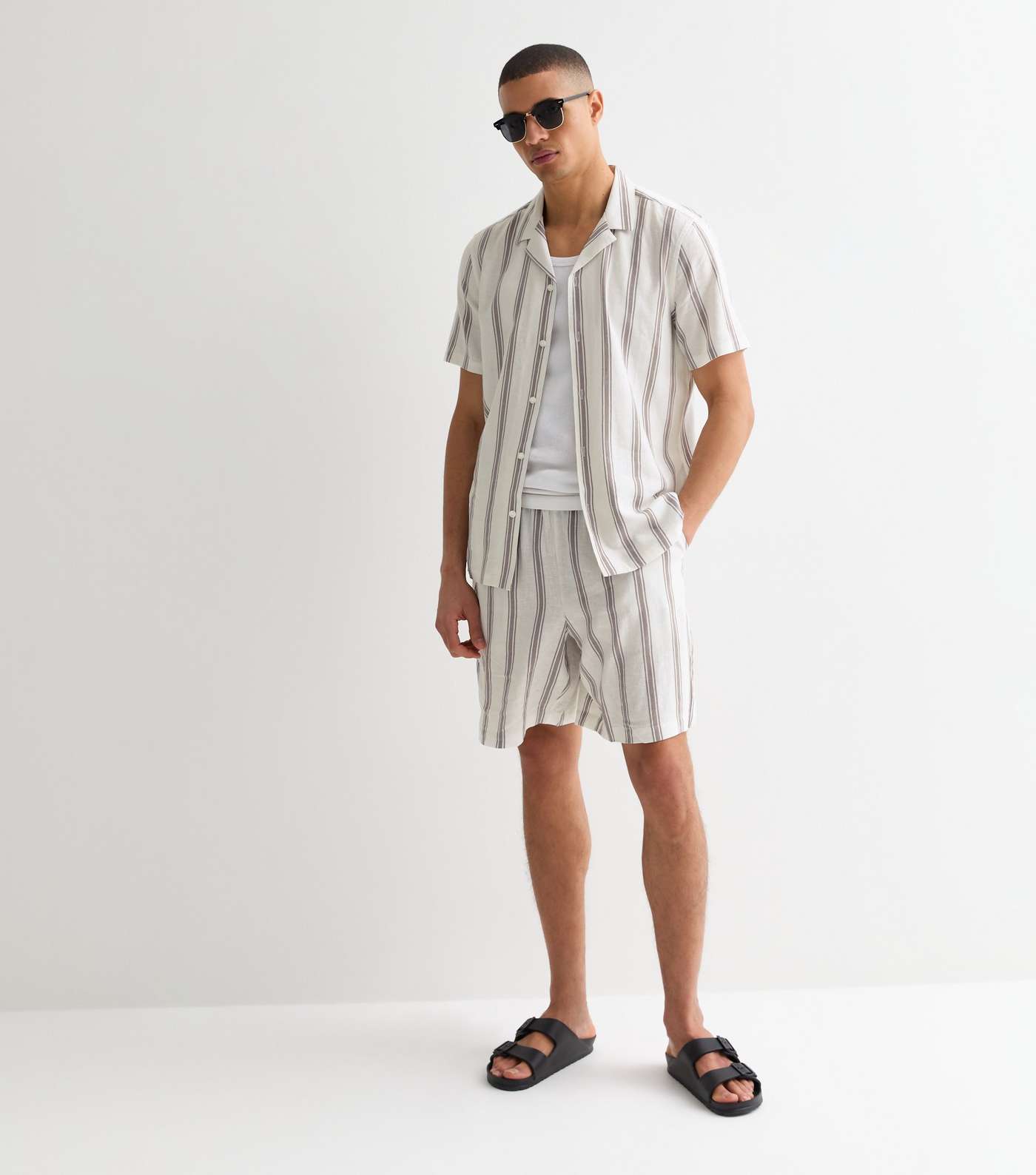 White Stripe Relaxed Fit Linen Blend Shorts Image 2
