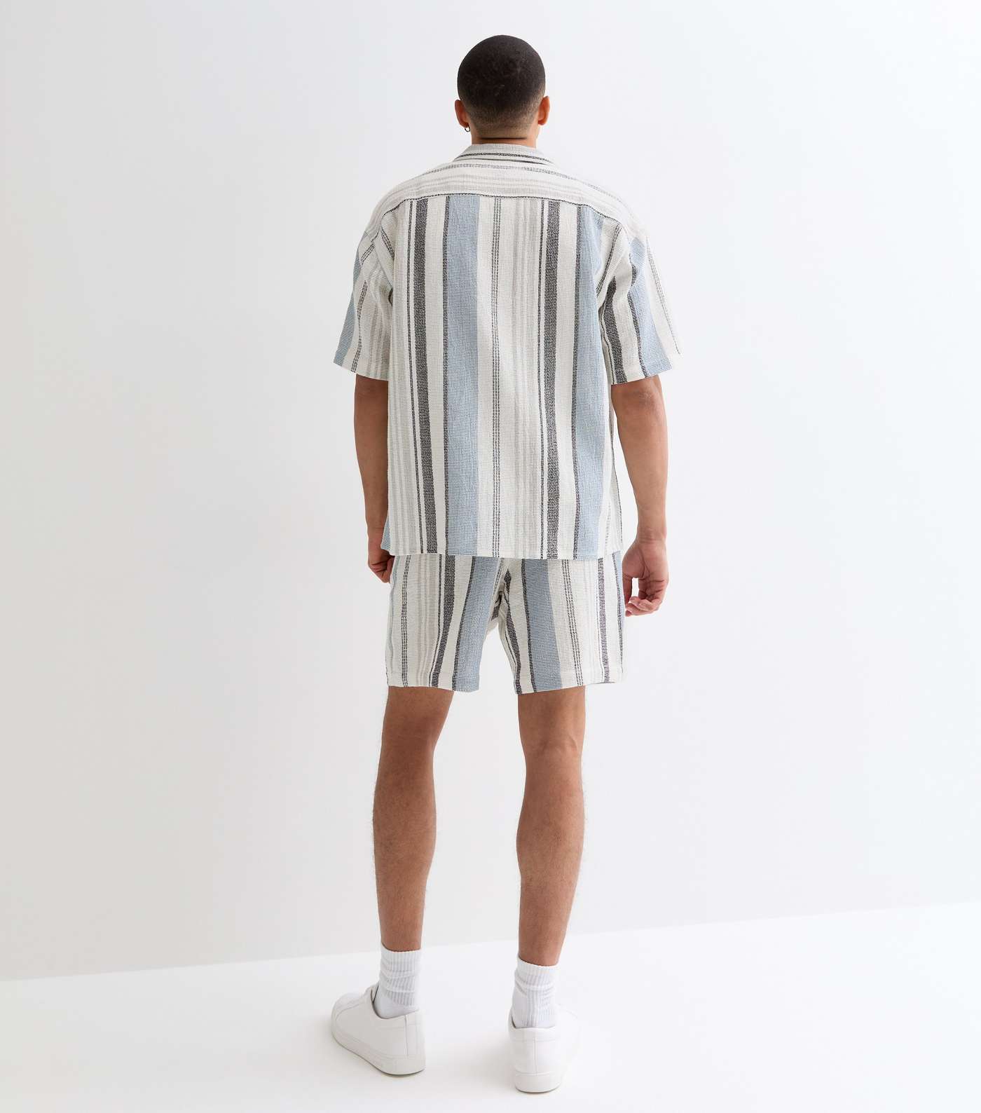 Blue Stripe Relaxed Fit Textured Cotton Shorts Image 4
