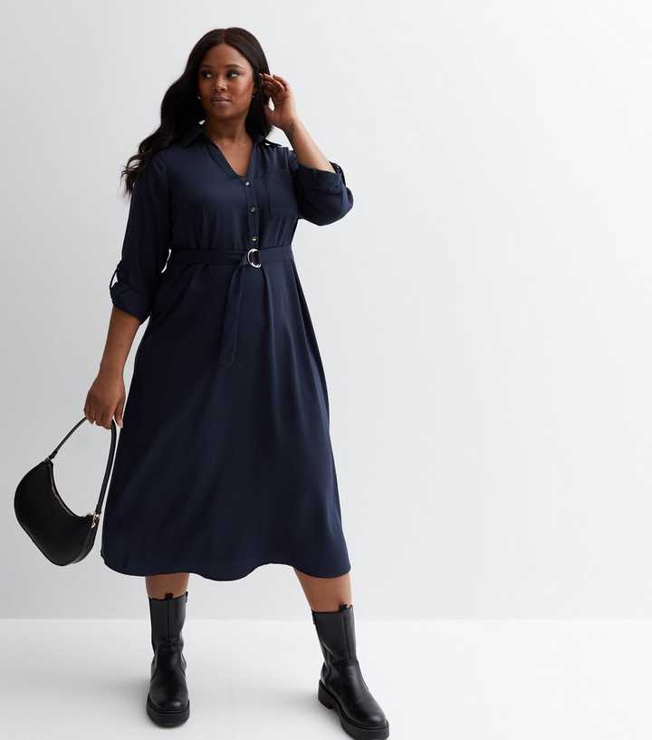 Curves Navy D Ring Belted Midi Shirt Dress