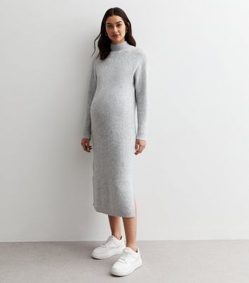 Maternity Pale Grey Knit High Neck Midi Dress New Look