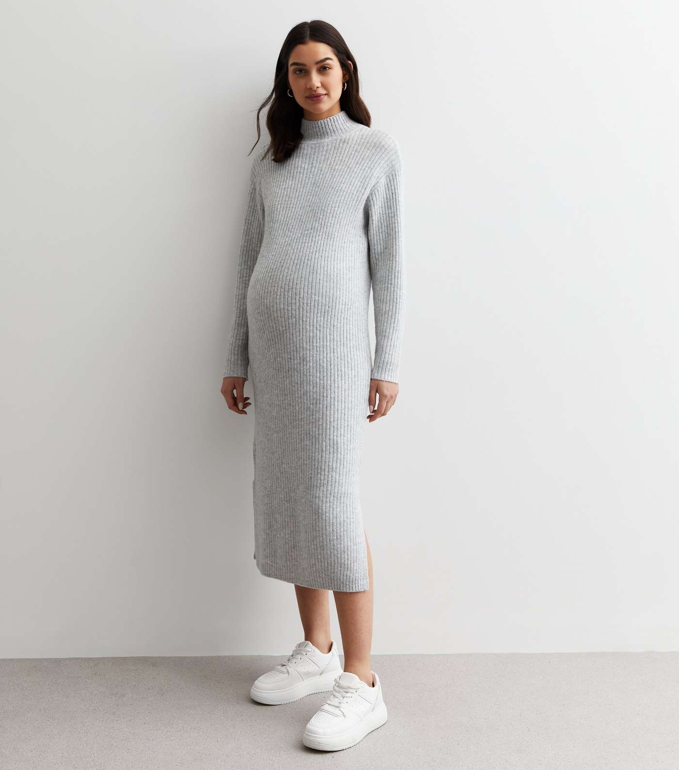 Maternity Pale Grey Knit High Neck Midi Dress