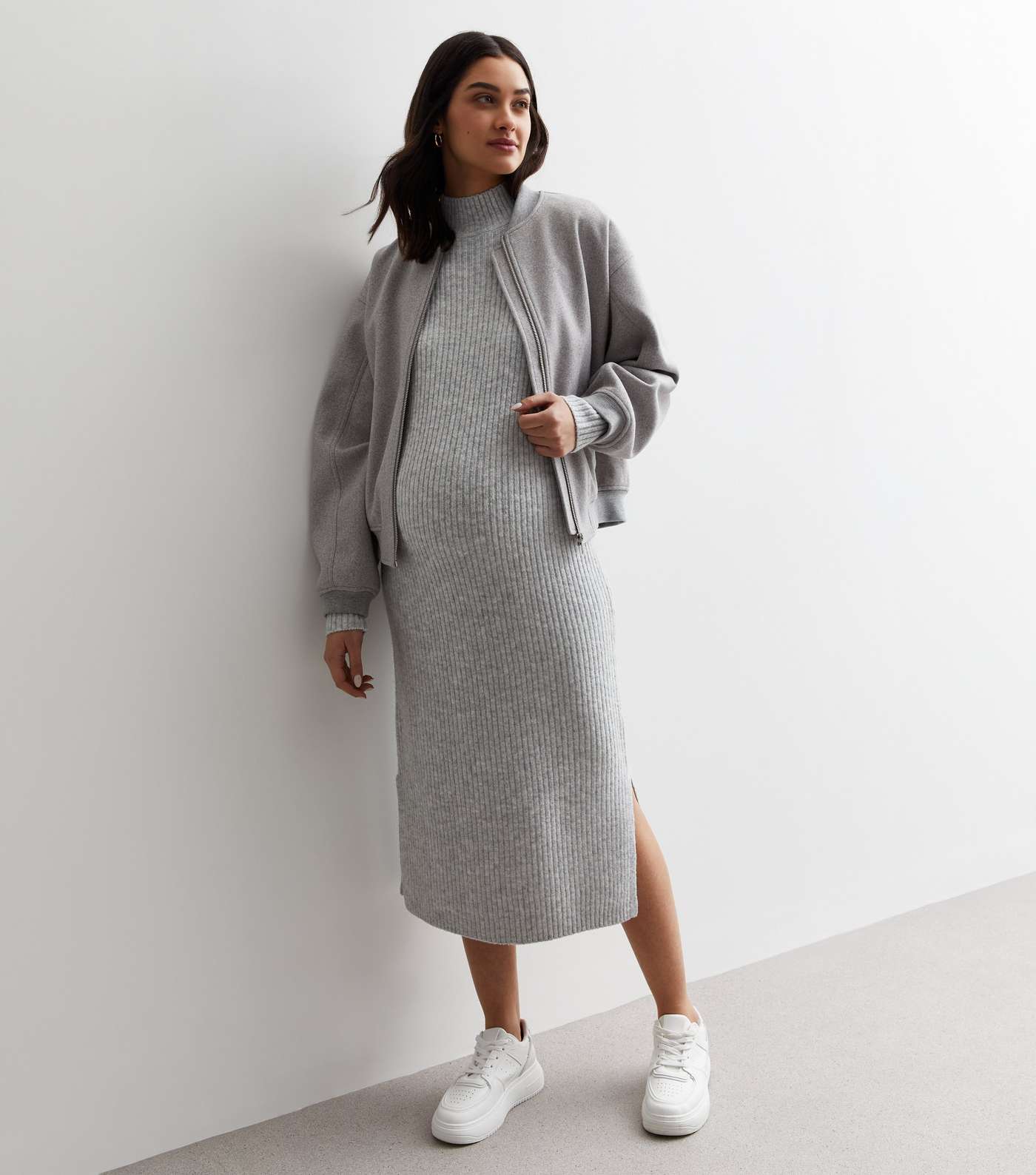 Maternity Pale Grey Knit High Neck Midi Dress Image 3