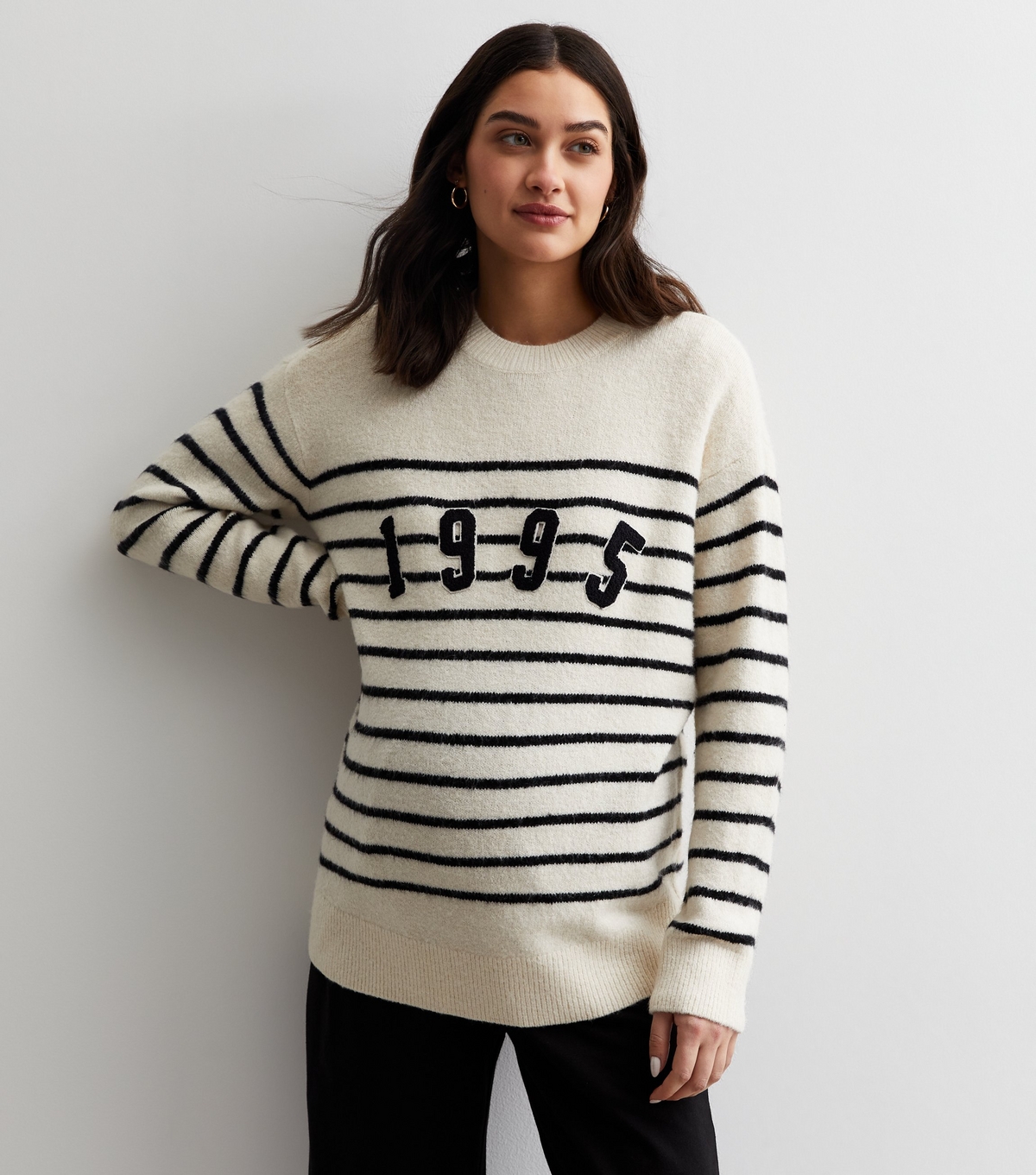 Women's Maternity Off White Knit Stripe 1995 Logo Jumper New Look