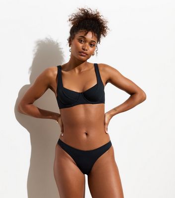 Black Ribbed Soft Cup Underwired Bikini Top New Look