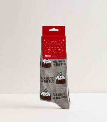 Men's Grey Marl All Good in the Pud Logo Christmas Socks New Look