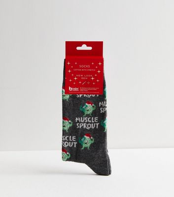 Men's Dark Grey Muscle Sprout Christmas Socks New Look