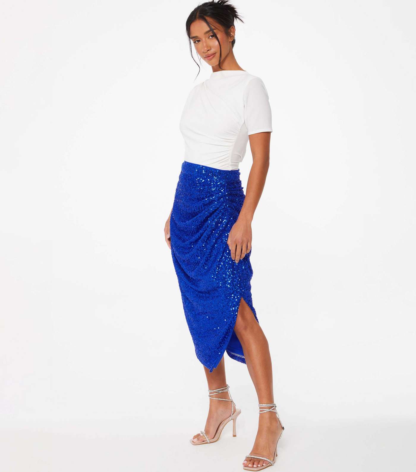 QUIZ Petite Bright Blue Sequin Ruched Midi Skirt Image 2