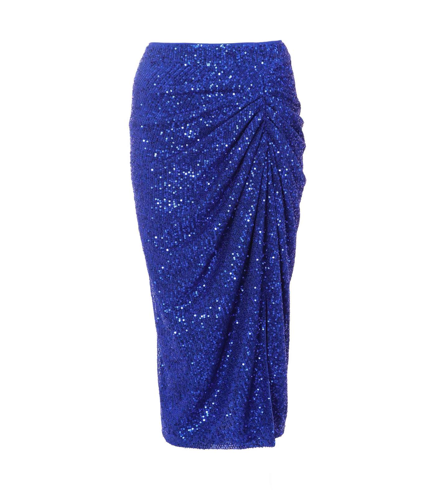 QUIZ Petite Bright Blue Sequin Ruched Midi Skirt Image 4