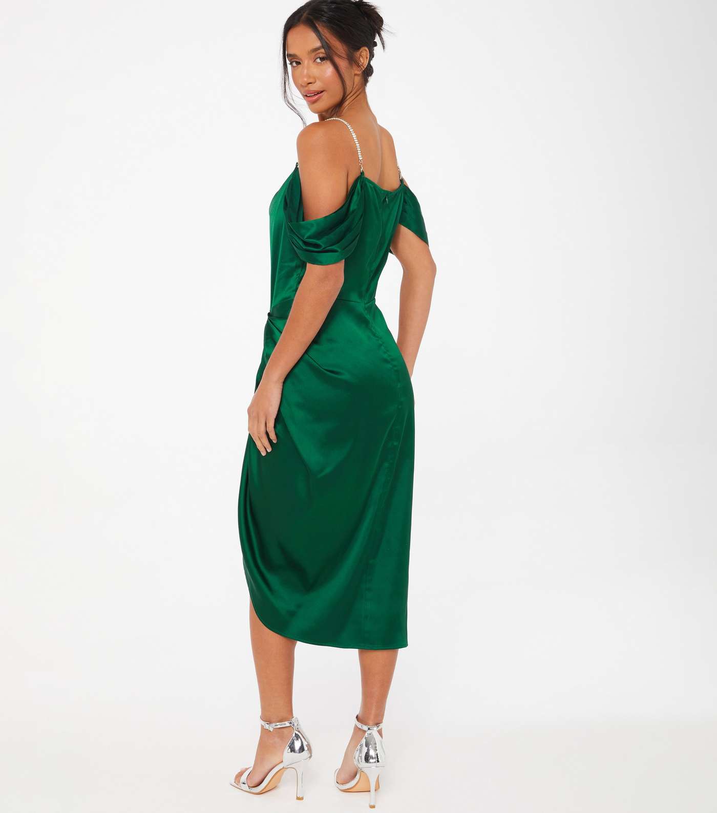 QUIZ Petite Green Satin Cold Shoulder Ruched Midi Dress Image 3