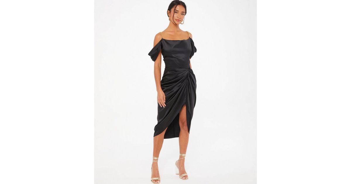 QUIZ Petite Black Satin Cold Shoulder Ruched Midi Dress | New Look