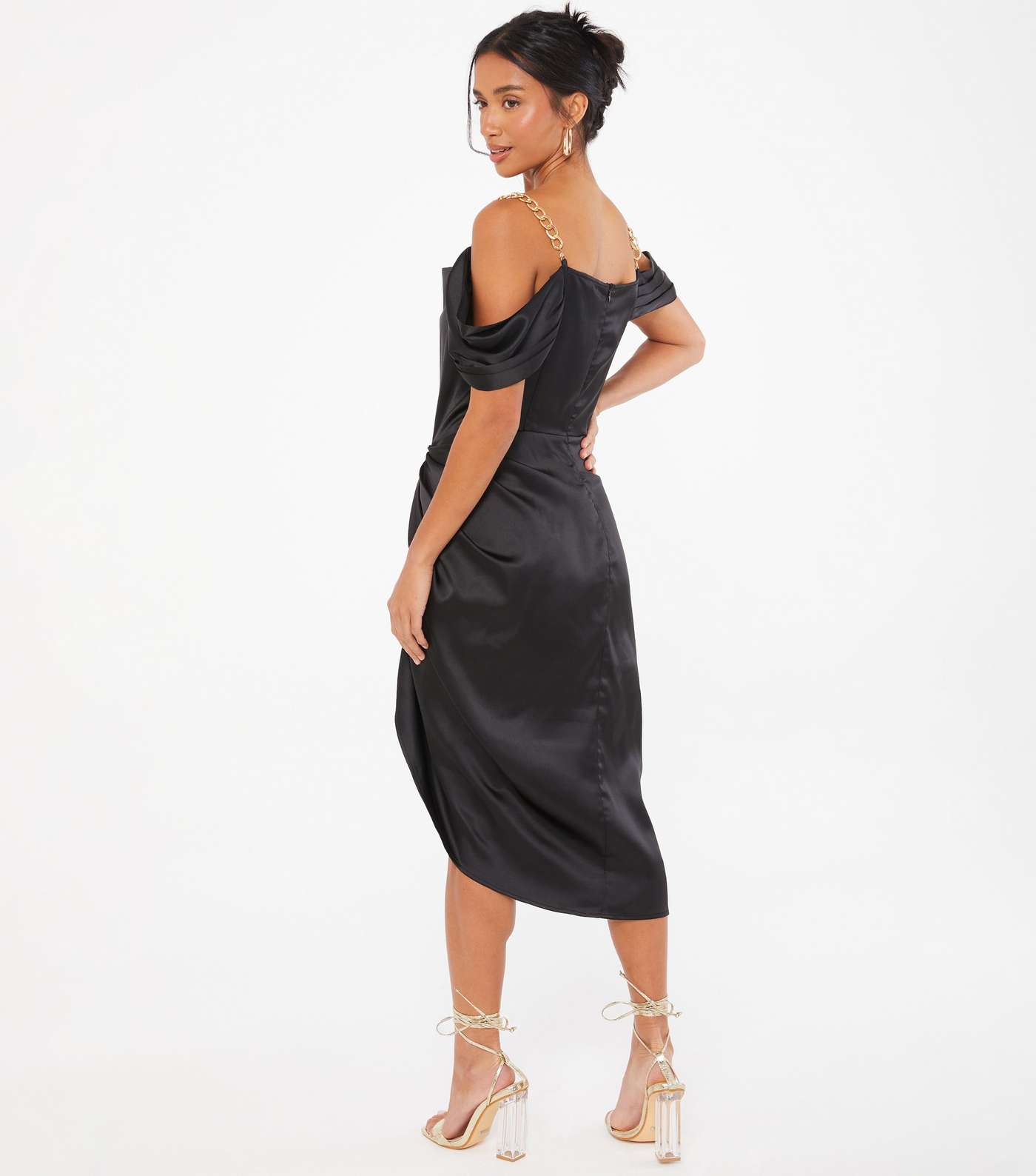 QUIZ Petite Black Satin Cold Shoulder Ruched Midi Dress Image 3
