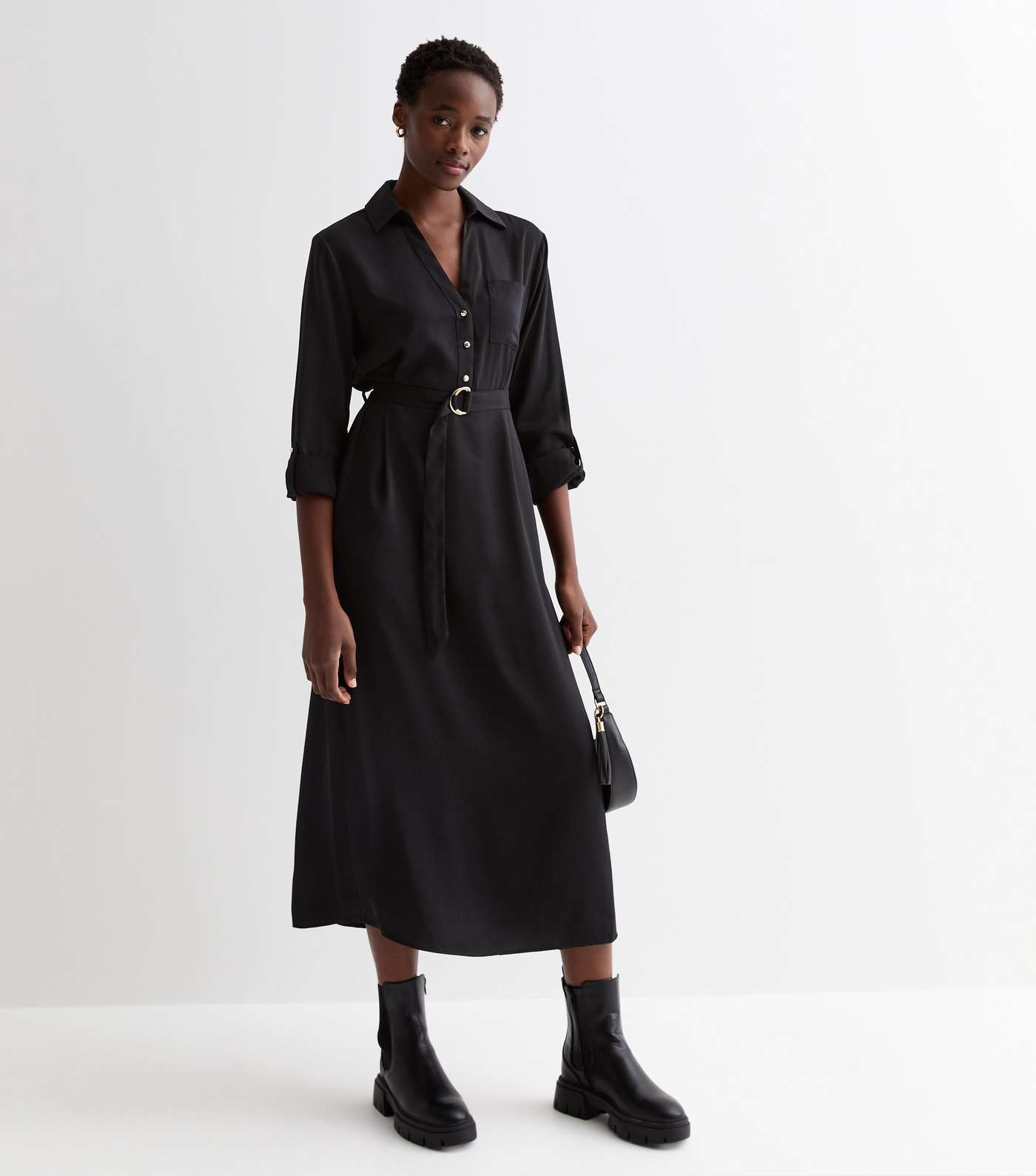 Tall Black Long Sleeve D Ring Midi Shirt Dress Image 2