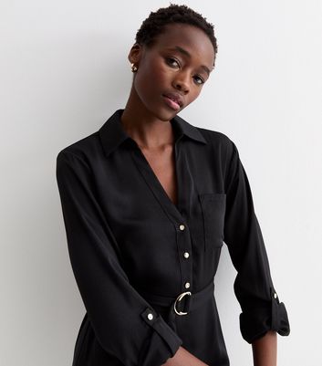 Tall Black Long Sleeve D Ring Midi Shirt Dress New Look