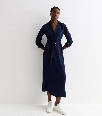 Tall Navy Long Sleeve D Ring Midi Shirt Dress | New Look