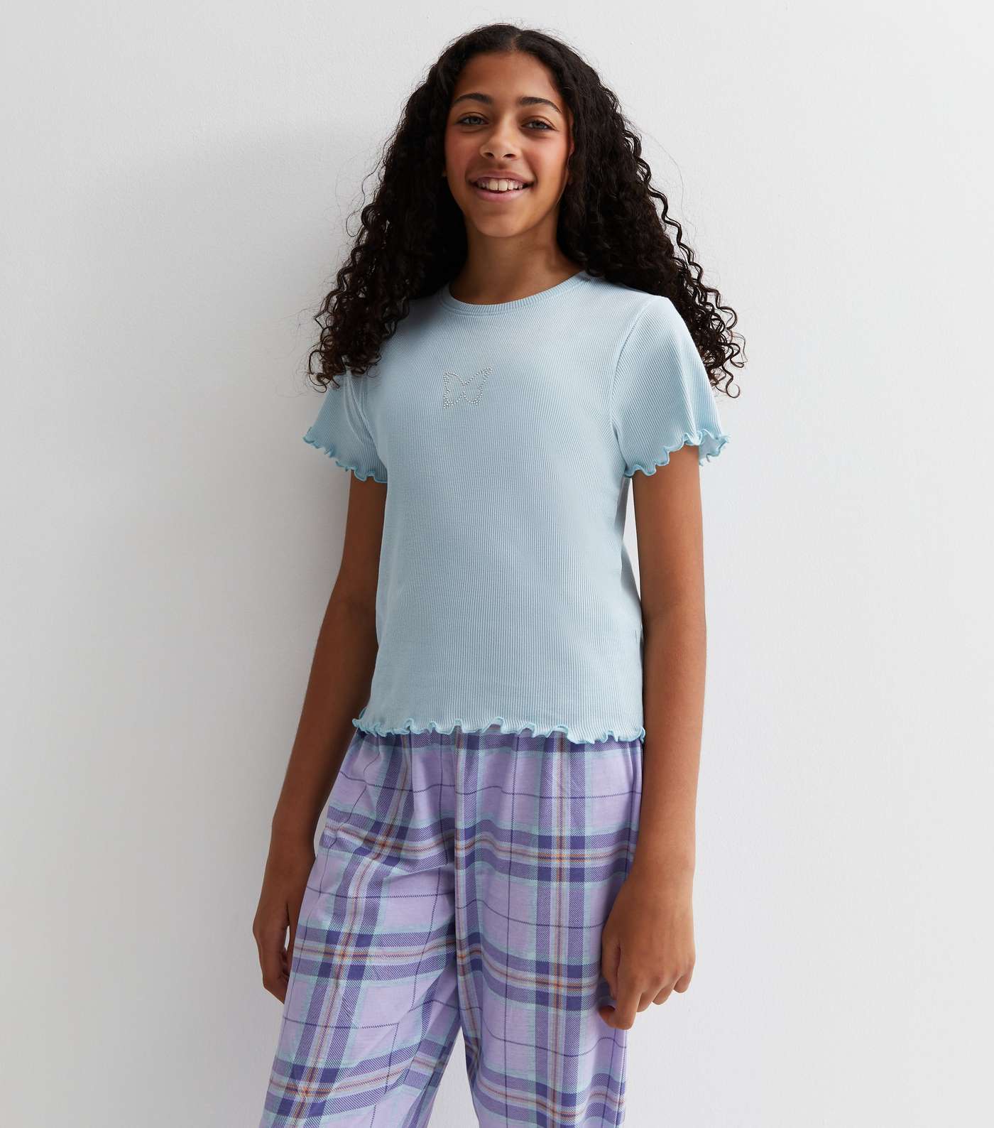 Girls Pale Blue Trouser Pyjama Set with Diamanté Butterfly Logo Image 3