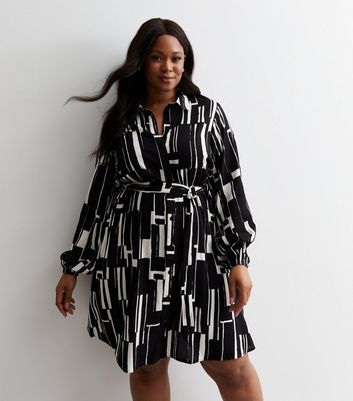 Curves Black and White Block Pattern Mini Shirt Dress