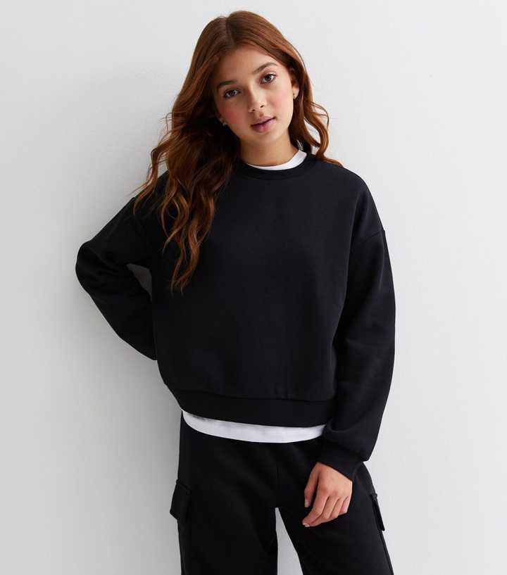 Girls Black Jersey Crew Neck Sweatshirt