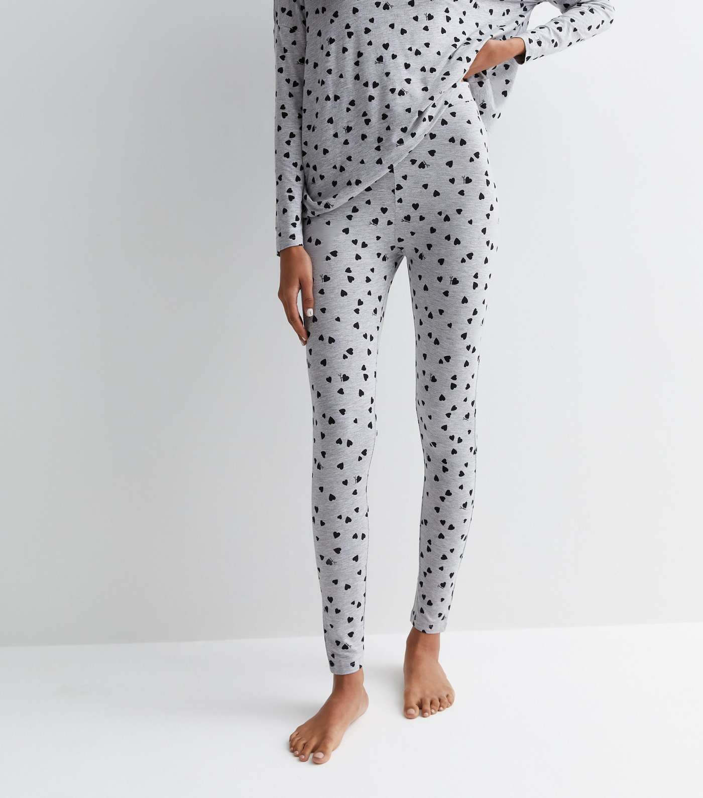 Pale Grey Pyjama Legging Set with Heart Print Image 3