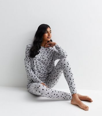 Pale Grey Pyjama Legging Set with Heart Print New Look