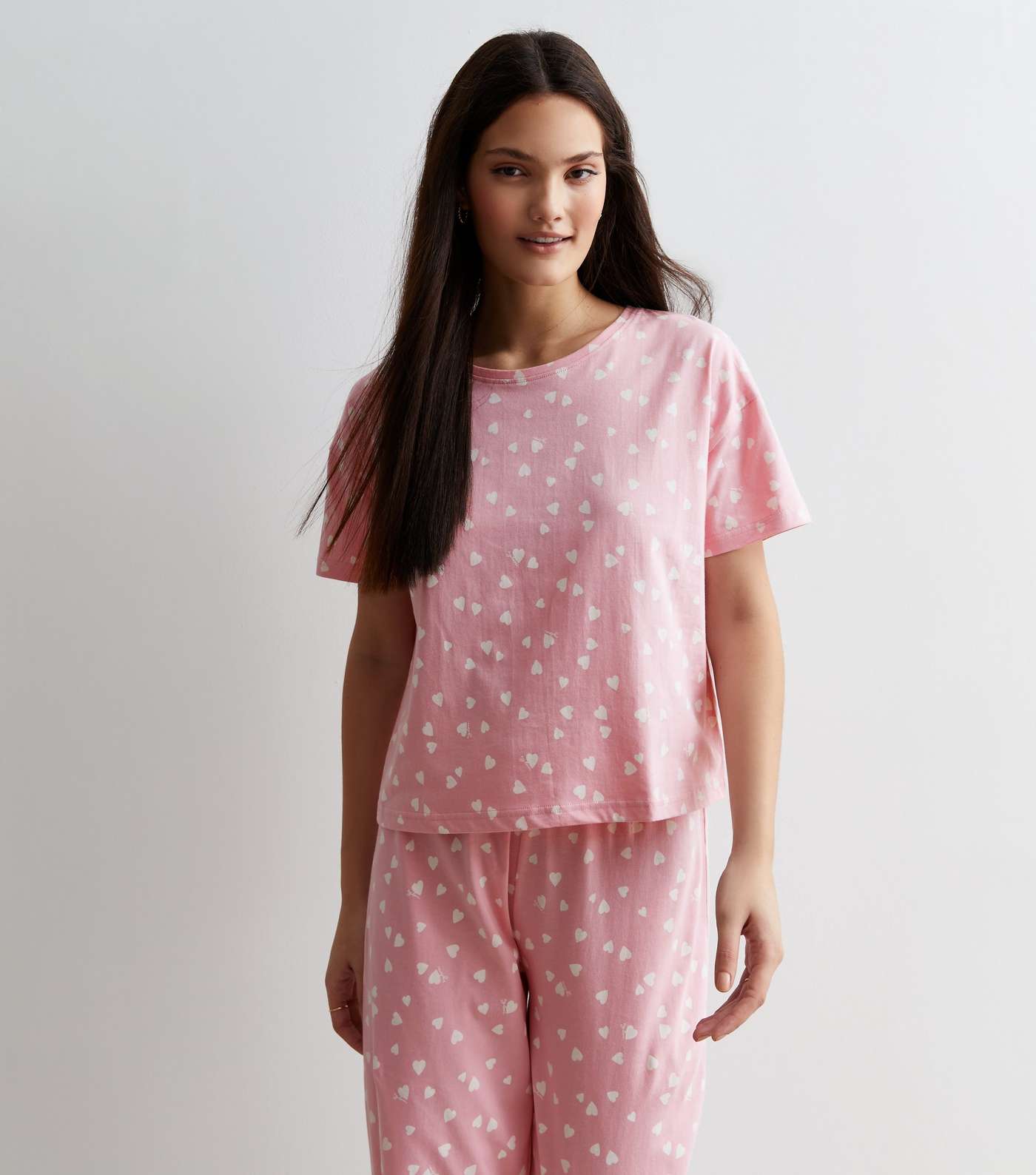 Mid Pink Wide Leg Trouser Pyjama Set with Heart Print Image 3
