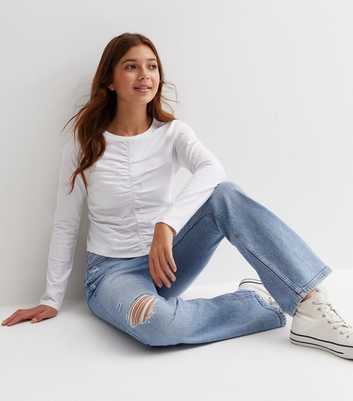 Girls White Ribbed Ruched Long Sleeve Top
