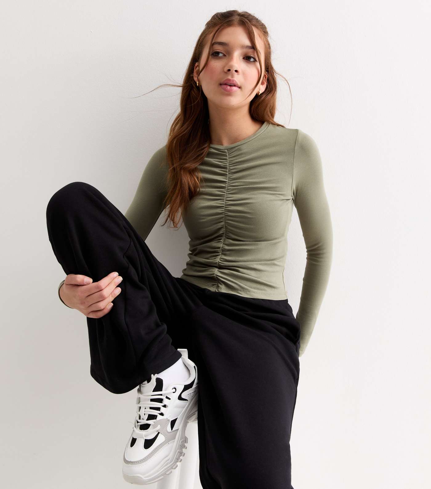 Girls Olive Ribbed Ruched Long Sleeve Top