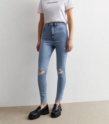 Pale Blue Ripped Knee Hallie Super Skinny Jeans New Look