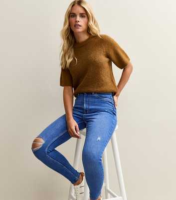 Petite Bright Blue Ripped High Waist Hallie Super Skinny Jeans