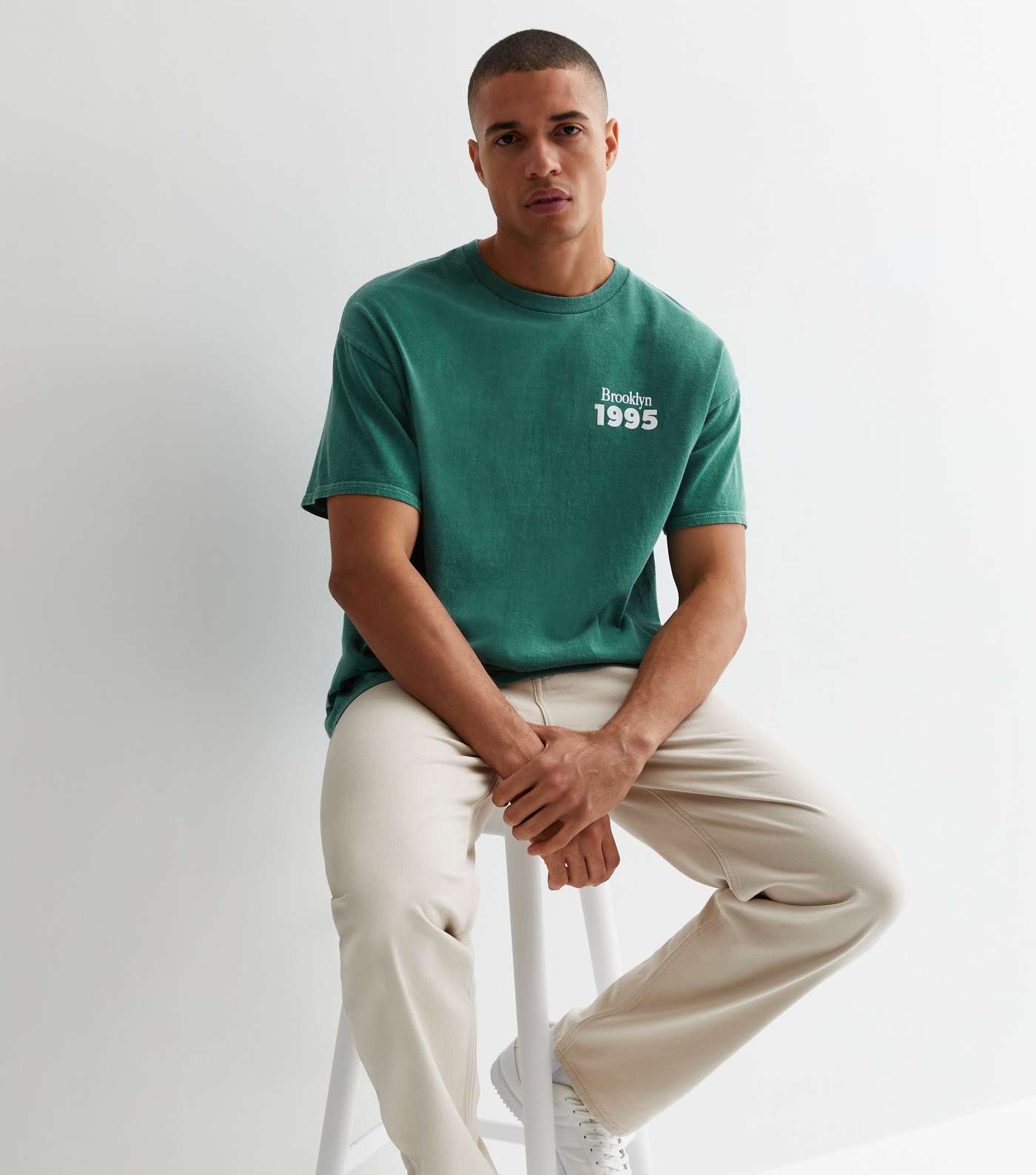 Green Cotton Brooklyn Logo Relaxed Fit T-Shirt | New Look