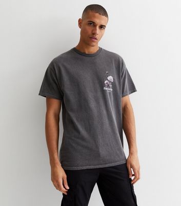 Men's Dark Grey Fleur Jardin Print Relaxed Fit Cotton T-Shirt New Look