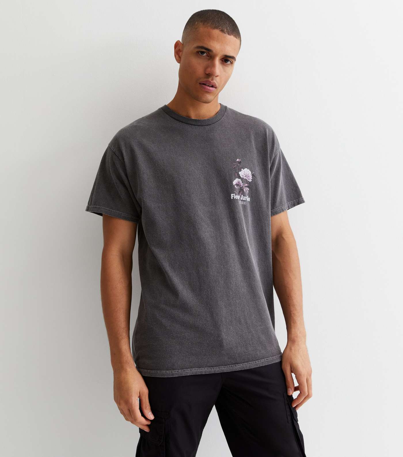 Dark Grey Fleur Jardin Print Relaxed Fit Cotton T-Shirt Image 2