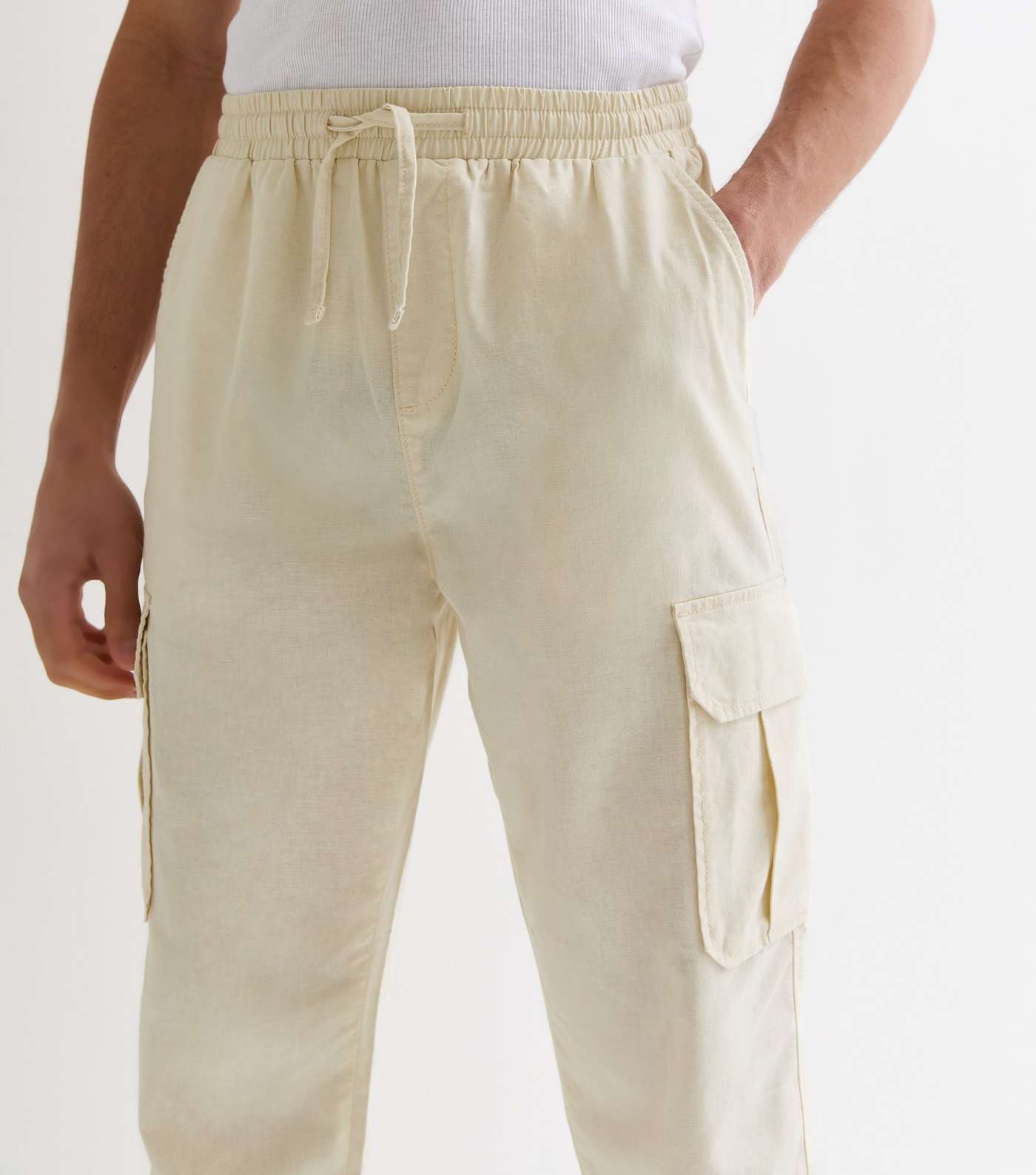 Stone Linen Blend Cargo Trousers Image 3