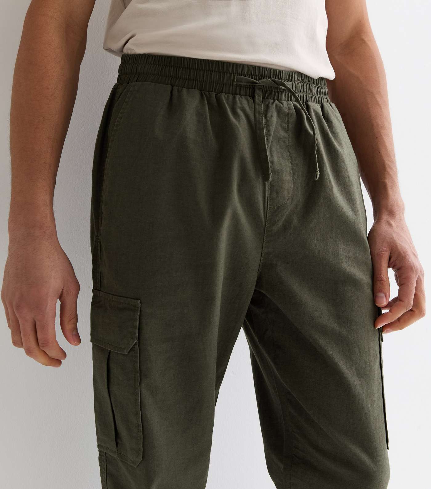 Khaki Linen Blend Cargo Trousers Image 2
