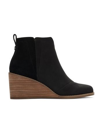 TOMS Black Leather Suede Wedge Heel Ankle Boots New Look